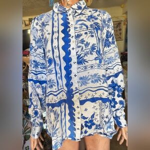 Joie White Linen Top with Bold Blue Floral Print